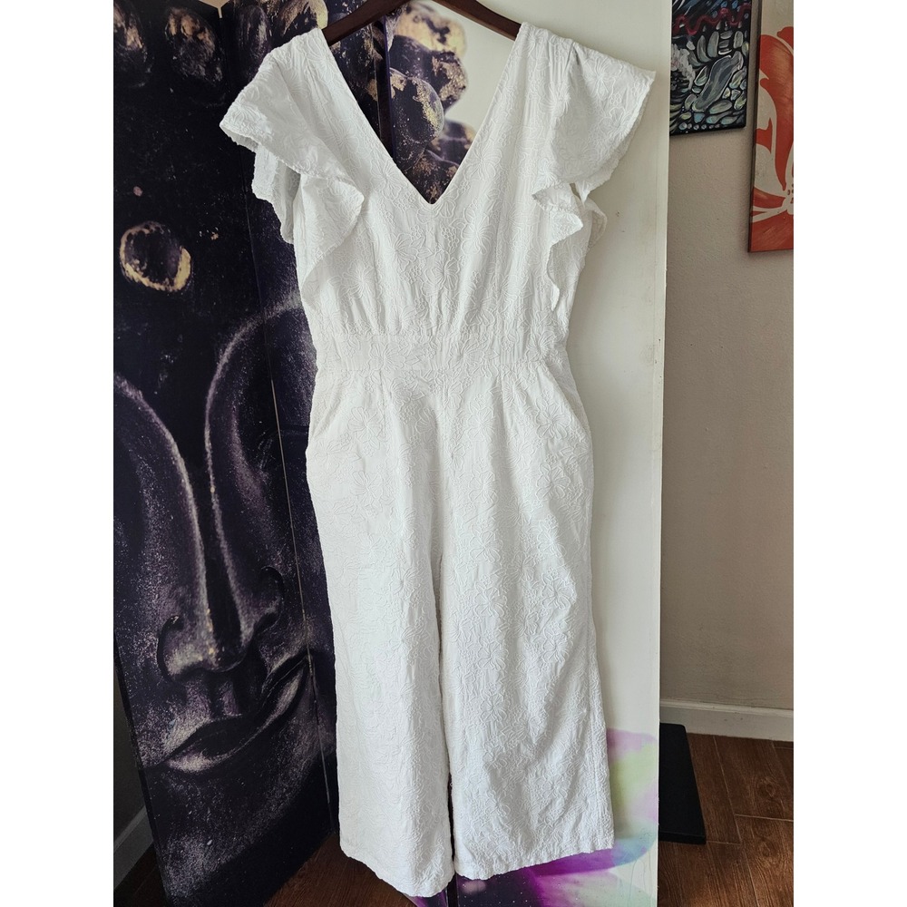 Vineyard Vines White Eyelet Flutter Sleeve Wide Leg Jumpsuit Size 10 Tie Back
